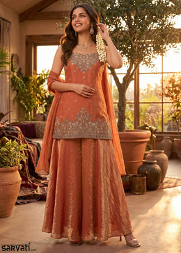 Dark Orange Silk Festive Palazzo Suit with Exquisite Embroidery