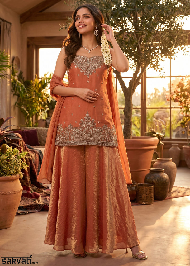 Dark Orange Silk Festive Palazzo Suit with Exquisite Embroidery