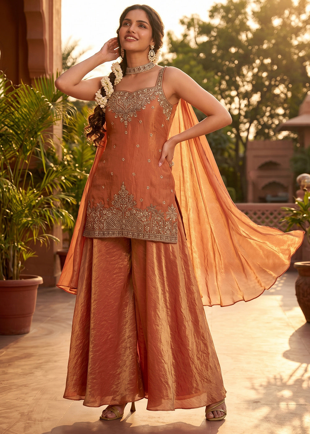Dark Orange Silk Festive Palazzo Suit with Exquisite Embroidery