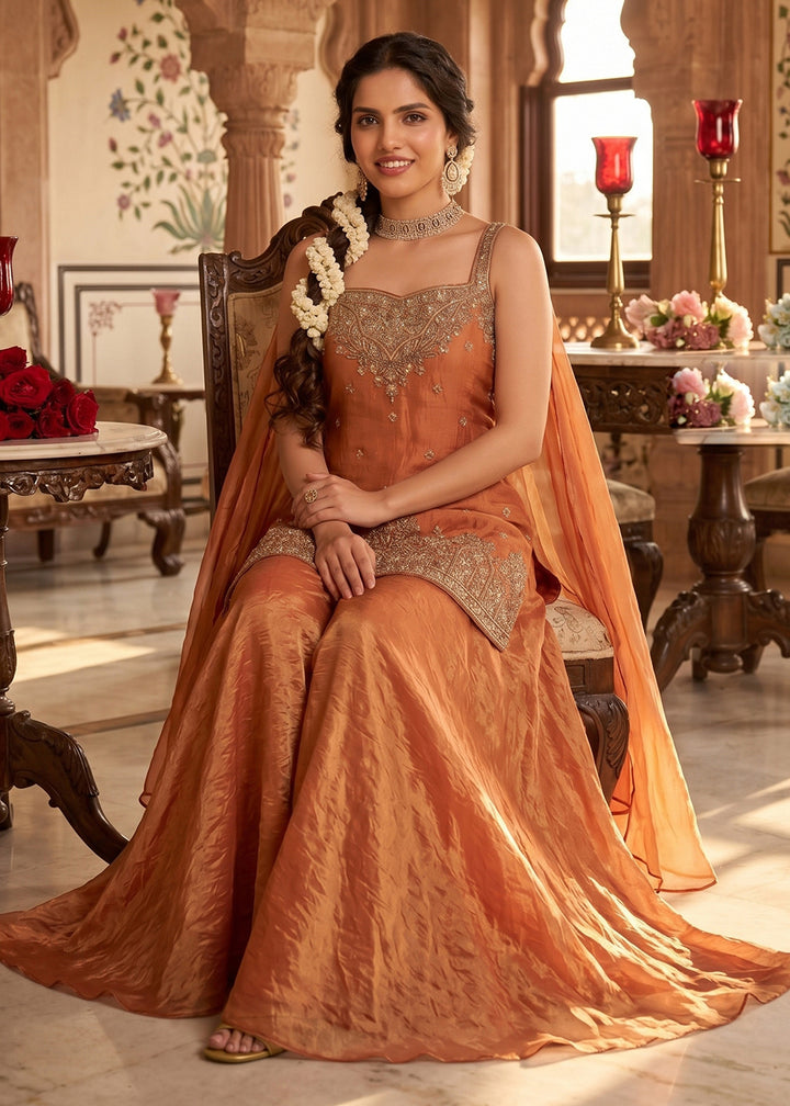 Dark Orange Silk Festive Palazzo Suit with Exquisite Embroidery