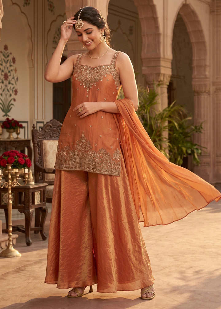 Dark Orange Silk Festive Palazzo Suit with Exquisite Embroidery