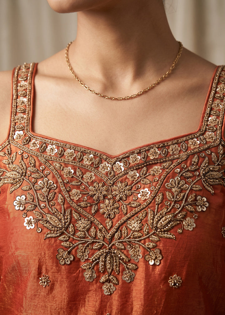 Dark Orange Silk Festive Palazzo Suit with Exquisite Embroidery