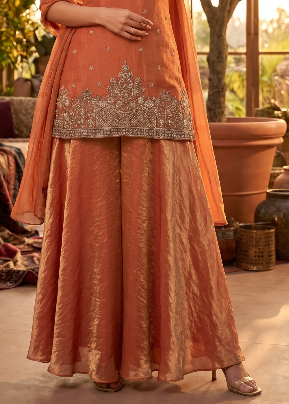 Dark Orange Silk Festive Palazzo Suit with Exquisite Embroidery