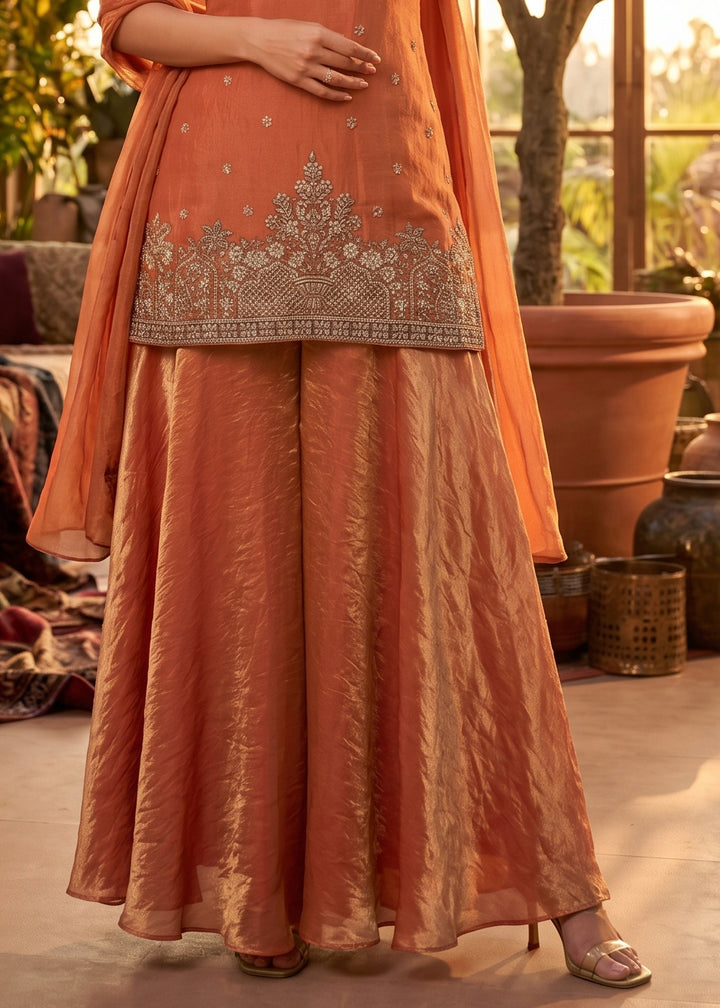 Dark Orange Silk Festive Palazzo Suit with Exquisite Embroidery