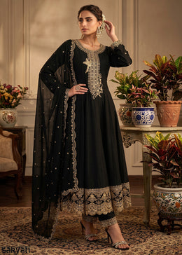 Pebble Black Silk Anarkali Gown with Heritage Embroidery Artistry