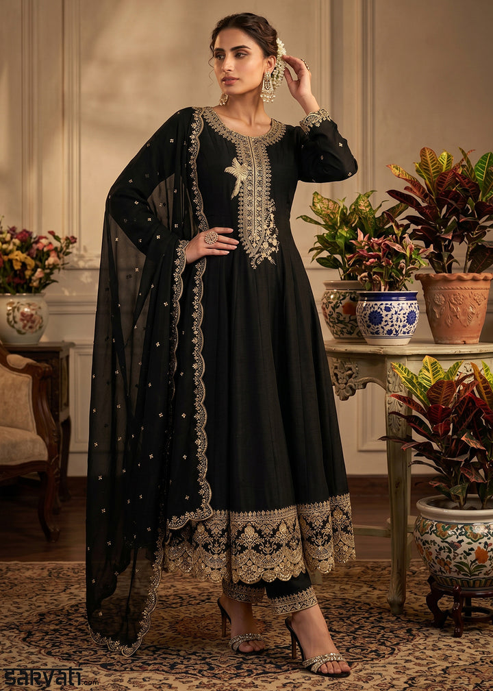 Pebble Black Silk Anarkali Gown with Heritage Embroidery Artistry