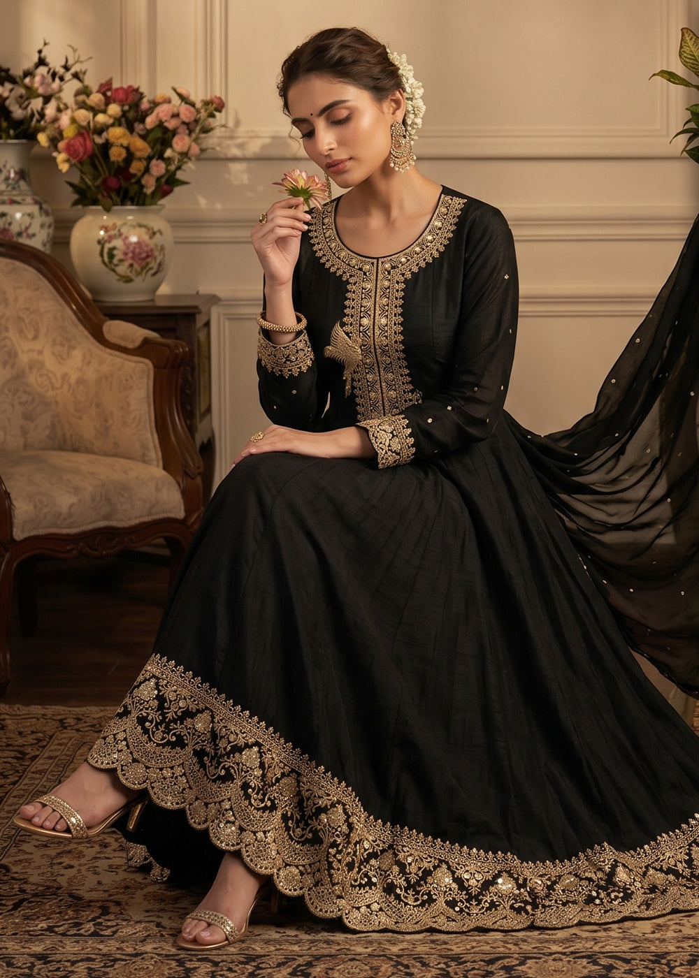 Pebble Black Silk Anarkali Gown with Heritage Embroidery Artistry
