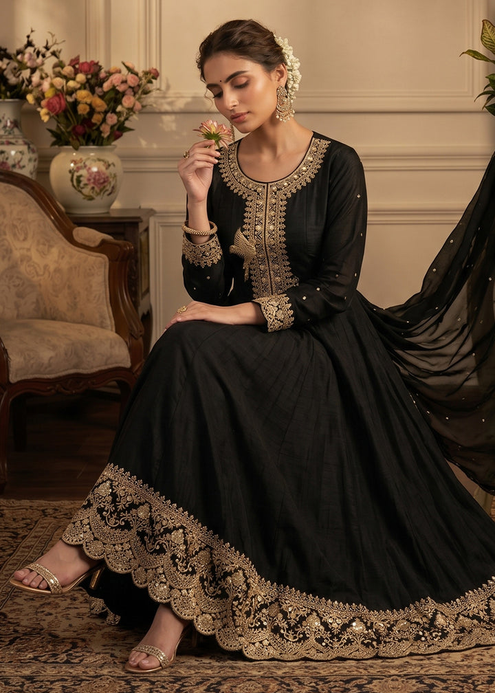 Pebble Black Silk Anarkali Gown with Heritage Embroidery Artistry
