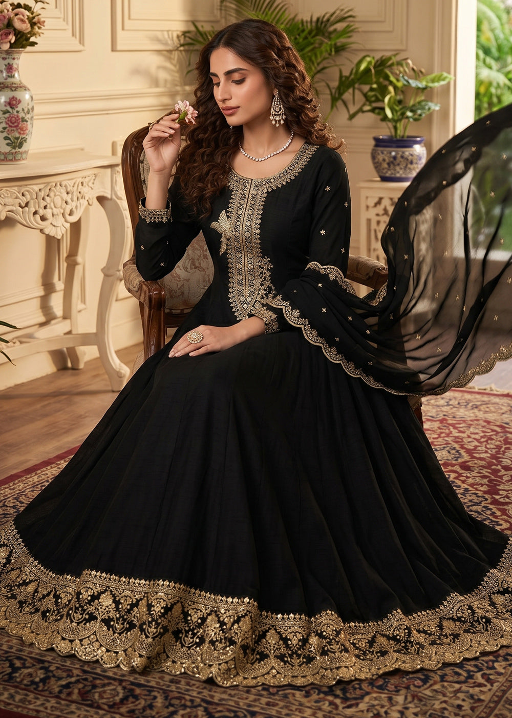 Pebble Black Silk Anarkali Gown with Heritage Embroidery Artistry
