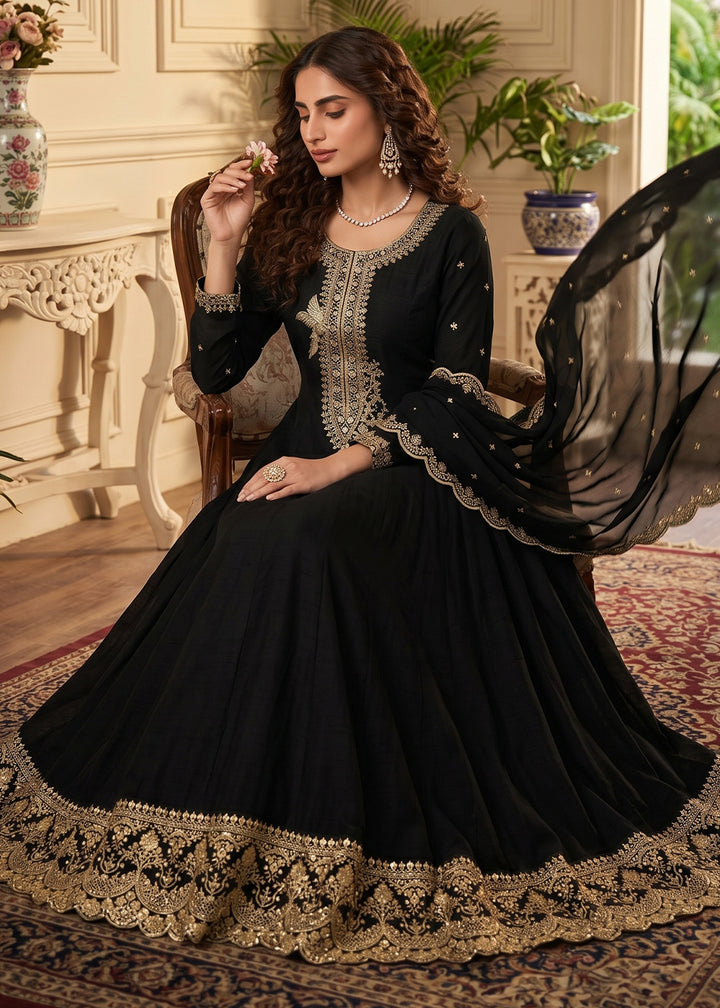 Pebble Black Silk Anarkali Gown with Heritage Embroidery Artistry