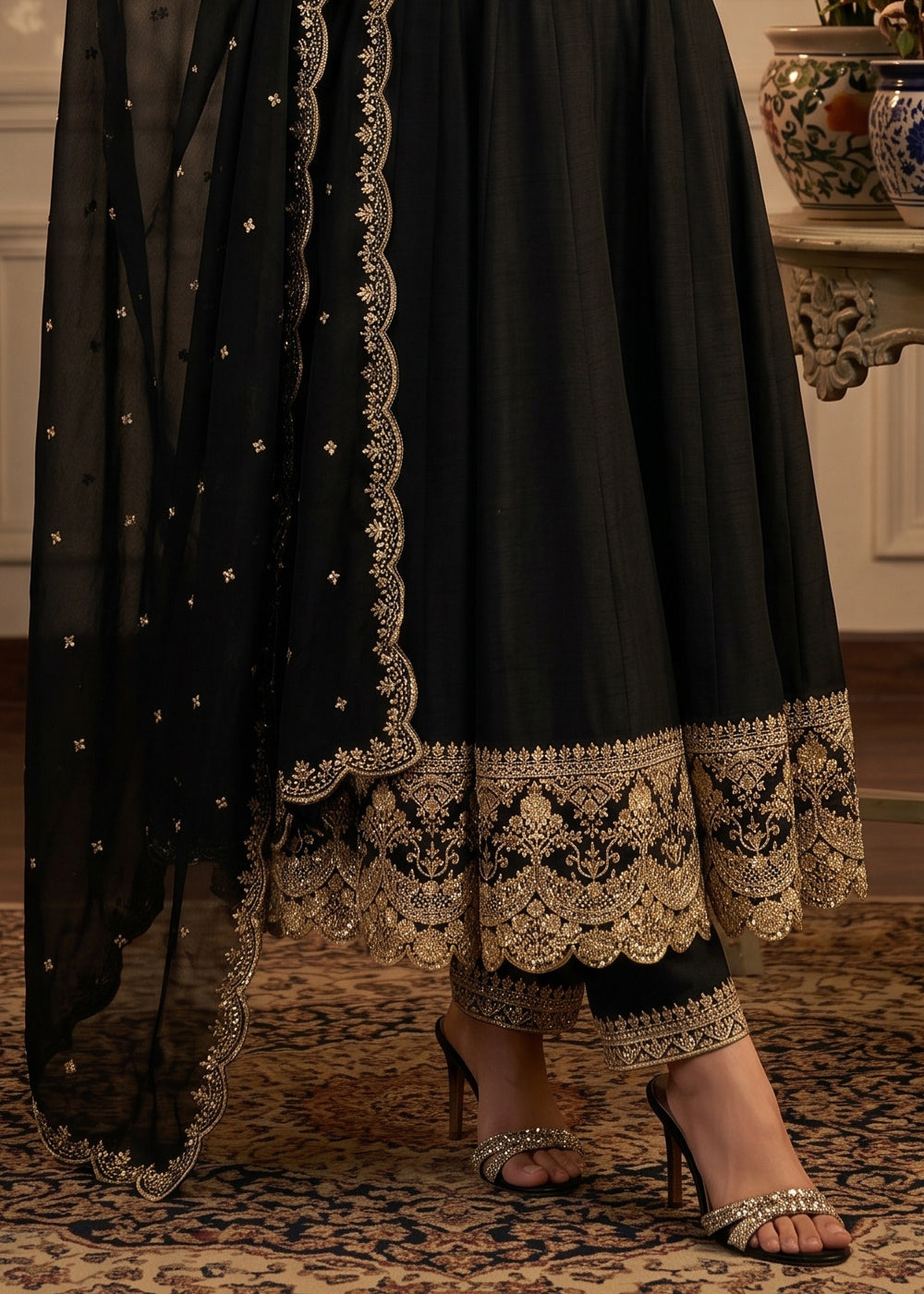 Pebble Black Silk Anarkali Gown with Heritage Embroidery Artistry