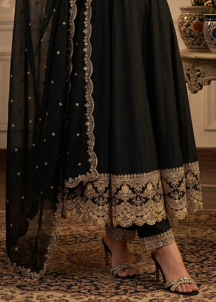 Pebble Black Silk Anarkali Gown with Heritage Embroidery Artistry