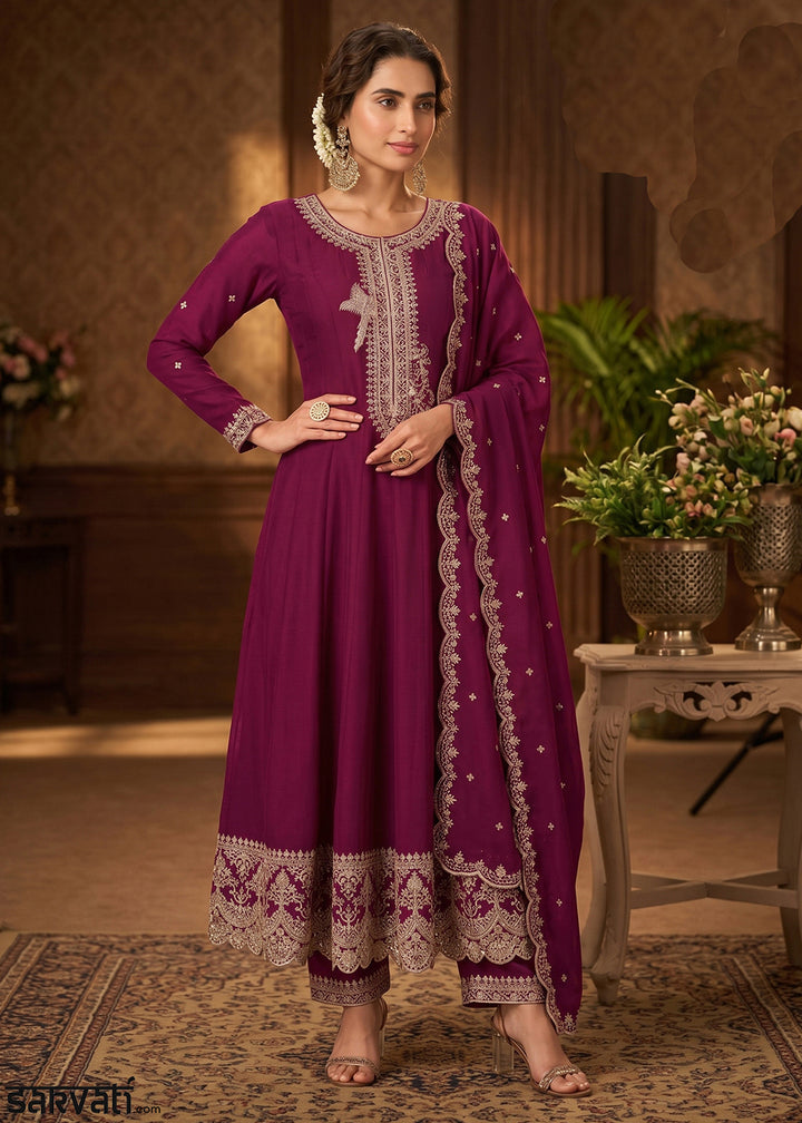 Tyrian Purple Silk Anarkali Gown with Heritage Embroidery Artistry
