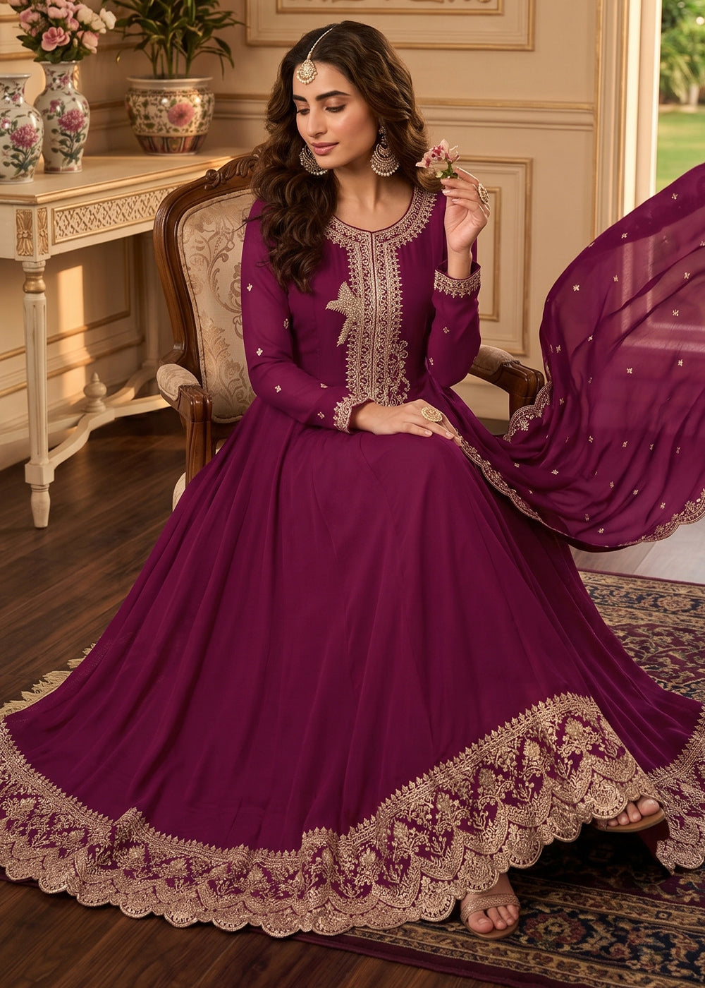 Tyrian Purple Silk Anarkali Gown with Heritage Embroidery Artistry