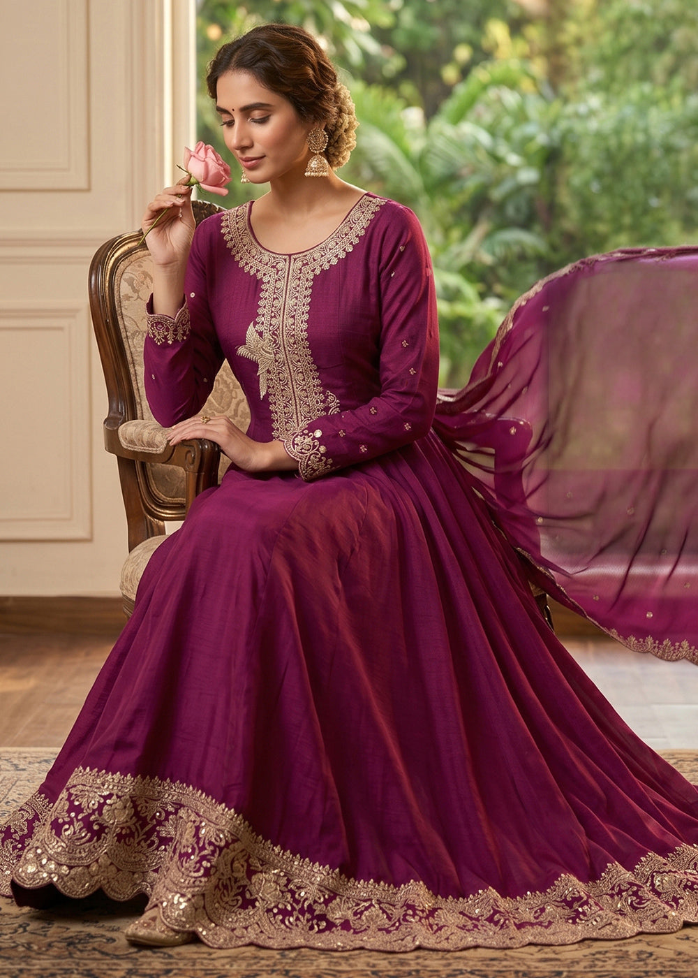 Tyrian Purple Silk Anarkali Gown with Heritage Embroidery Artistry