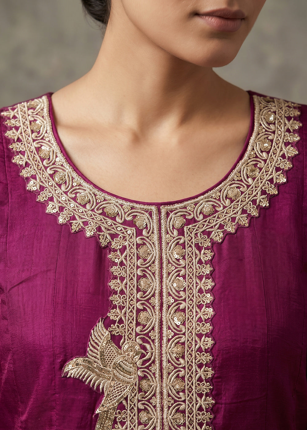 Tyrian Purple Silk Anarkali Gown with Heritage Embroidery Artistry