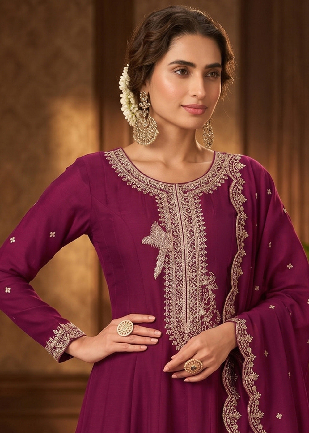 Tyrian Purple Silk Anarkali Gown with Heritage Embroidery Artistry