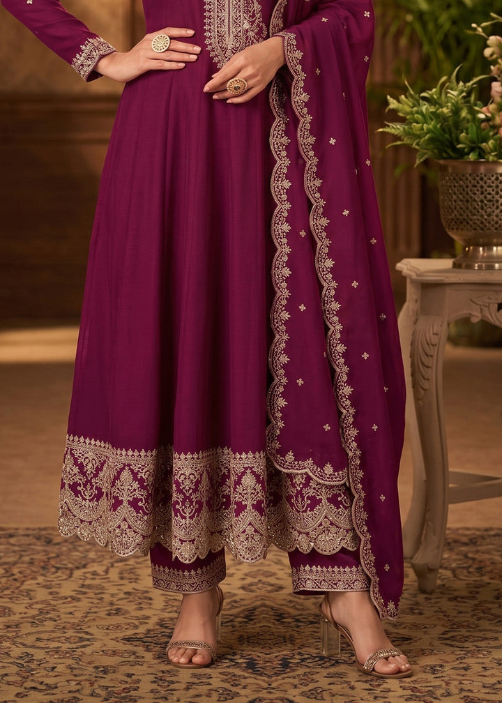 Tyrian Purple Silk Anarkali Gown with Heritage Embroidery Artistry