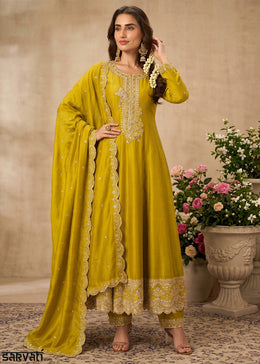 Mustard Yellow Silk Anarkali Gown with Heritage Embroidery Artistry