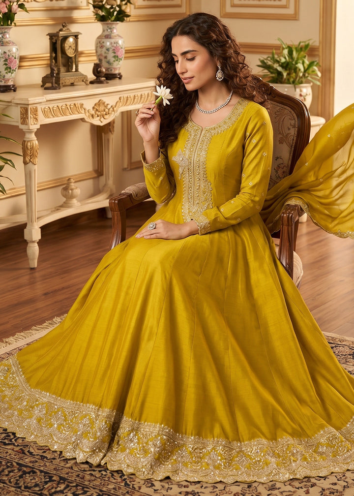 Mustard Yellow Silk Anarkali Gown with Heritage Embroidery Artistry