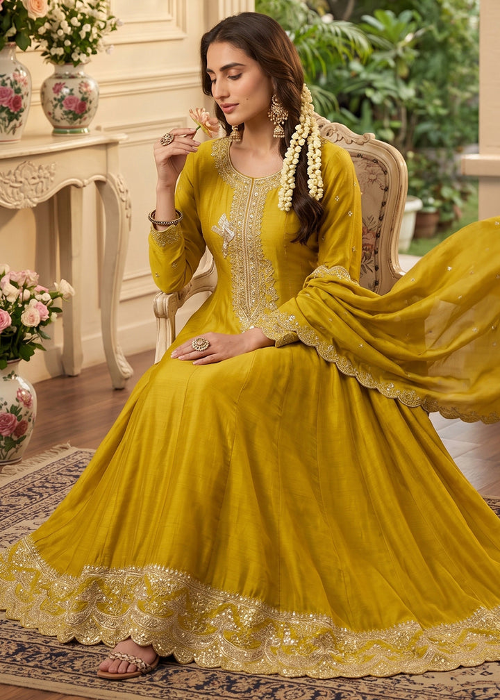 Mustard Yellow Silk Anarkali Gown with Heritage Embroidery Artistry