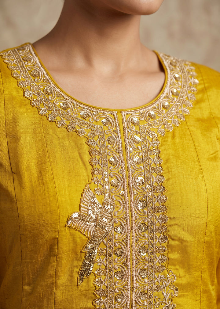 Mustard Yellow Silk Anarkali Gown with Heritage Embroidery Artistry