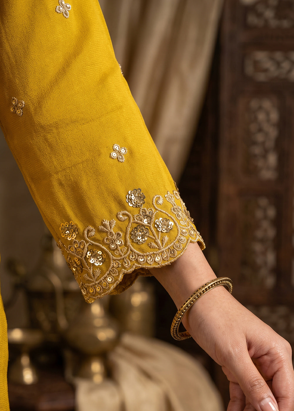 Mustard Yellow Silk Anarkali Gown with Heritage Embroidery Artistry