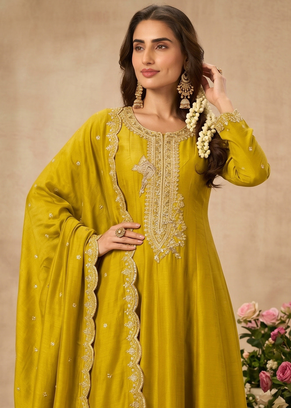 Mustard Yellow Silk Anarkali Gown with Heritage Embroidery Artistry