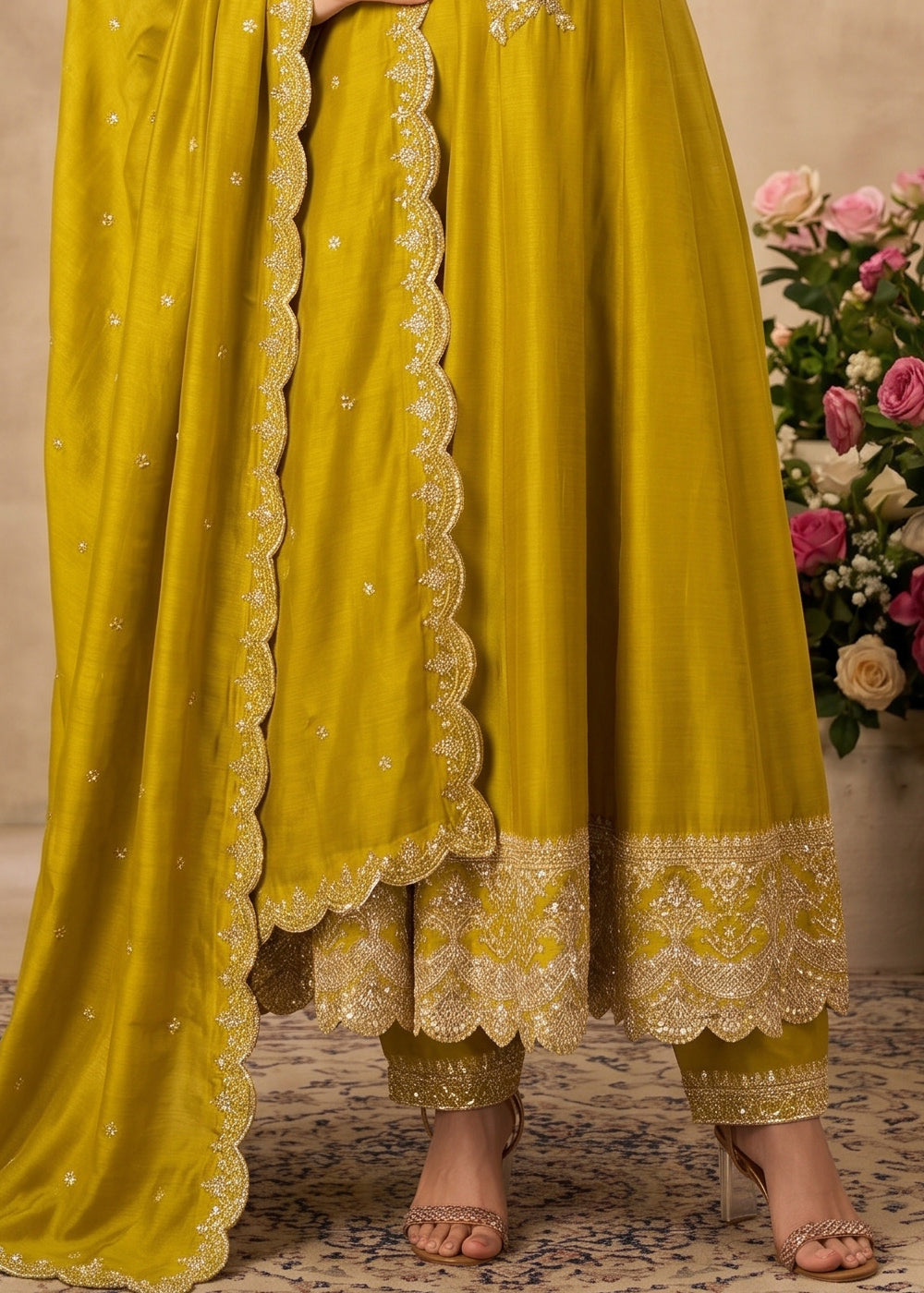 Mustard Yellow Silk Anarkali Gown with Heritage Embroidery Artistry