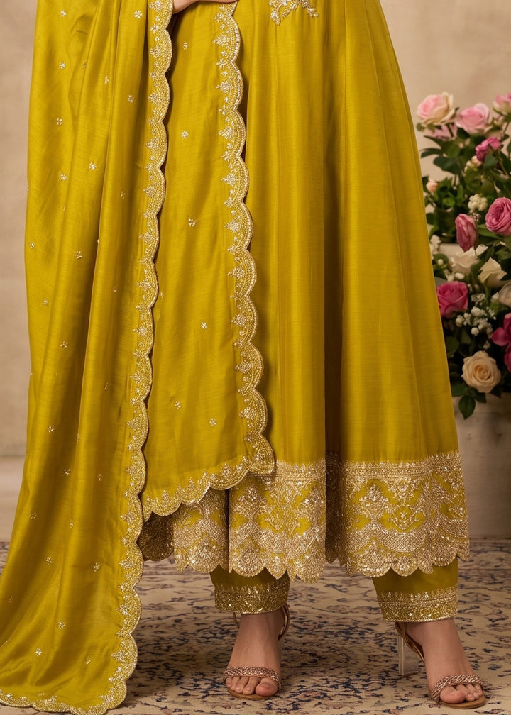 Mustard Yellow Silk Anarkali Gown with Heritage Embroidery Artistry