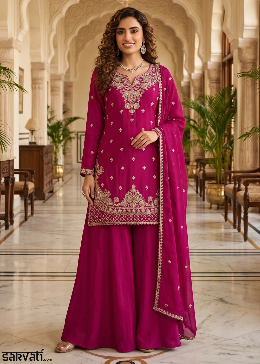 Magenta Pink Chinon Silk Sharara Suit with Ornate Embroidery Detailing