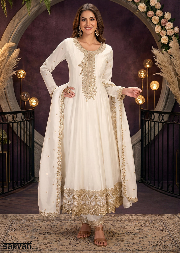 Cream White Silk Anarkali Suit with Exquisite Embroidery