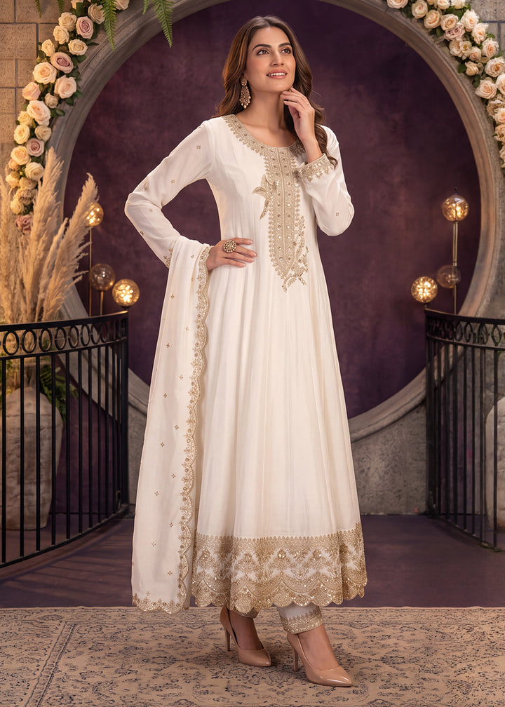 Cream White Silk Anarkali Suit with Exquisite Embroidery