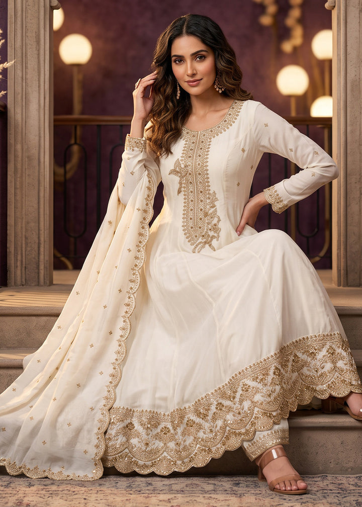 Cream White Silk Anarkali Suit with Exquisite Embroidery
