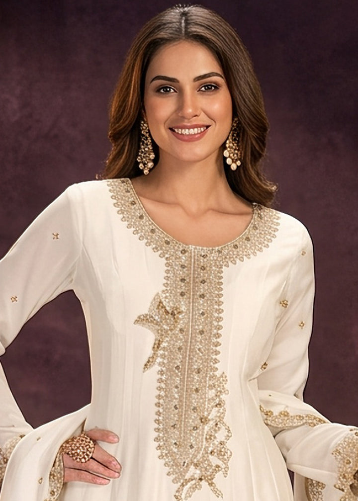 Cream White Silk Anarkali Suit with Exquisite Embroidery