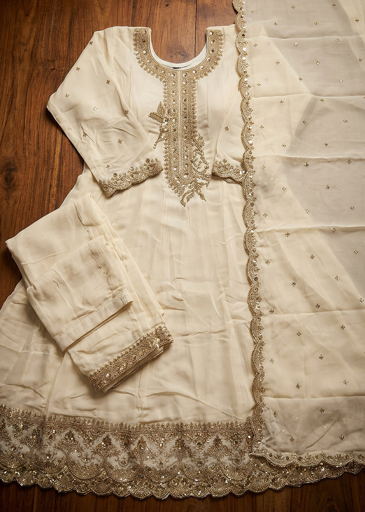 Cream White Silk Anarkali Suit with Exquisite Embroidery