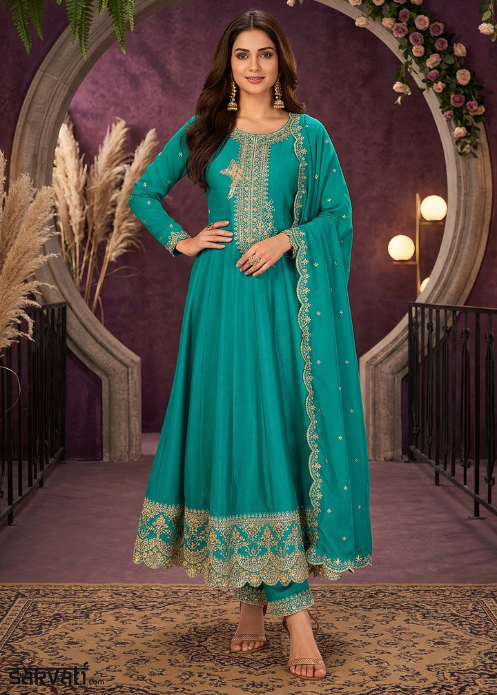 Cerulean Blue Silk Anarkali Suit with Exquisite Embroidery