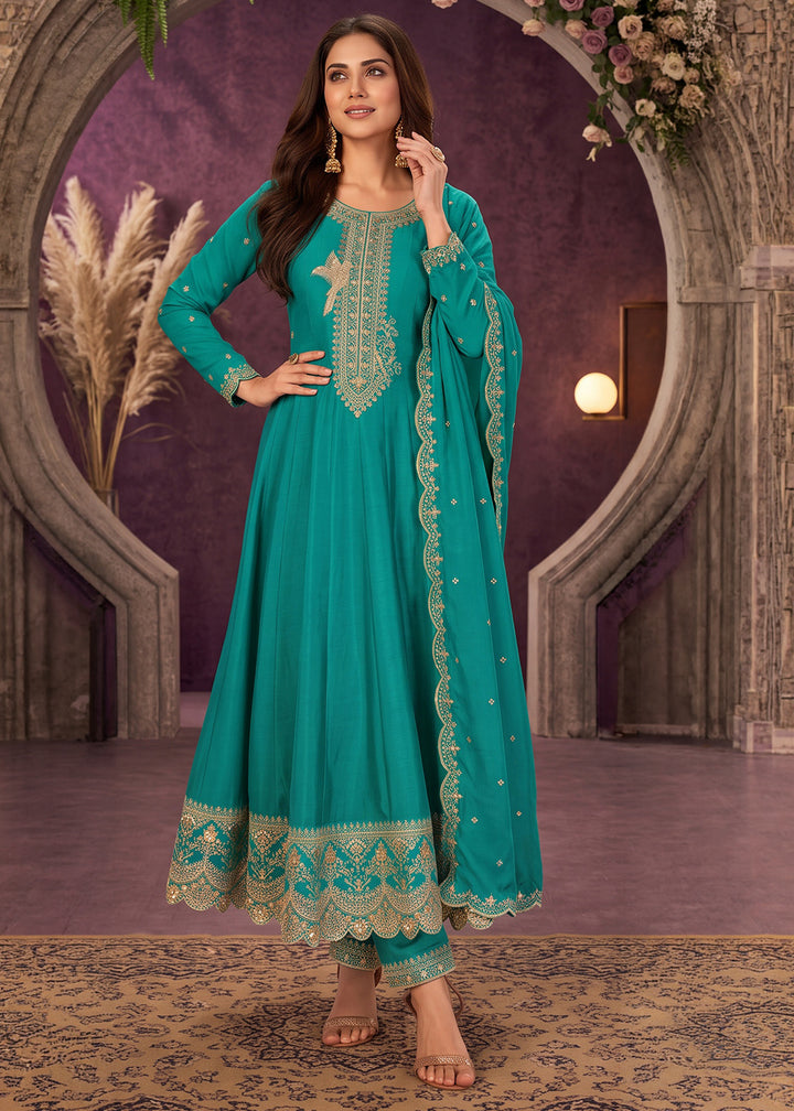 Cerulean Blue Silk Anarkali Suit with Exquisite Embroidery