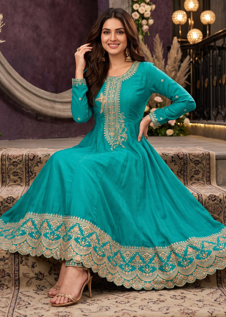Cerulean Blue Silk Anarkali Suit with Exquisite Embroidery