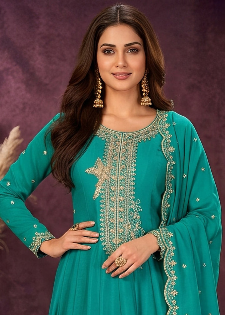 Cerulean Blue Silk Anarkali Suit with Exquisite Embroidery
