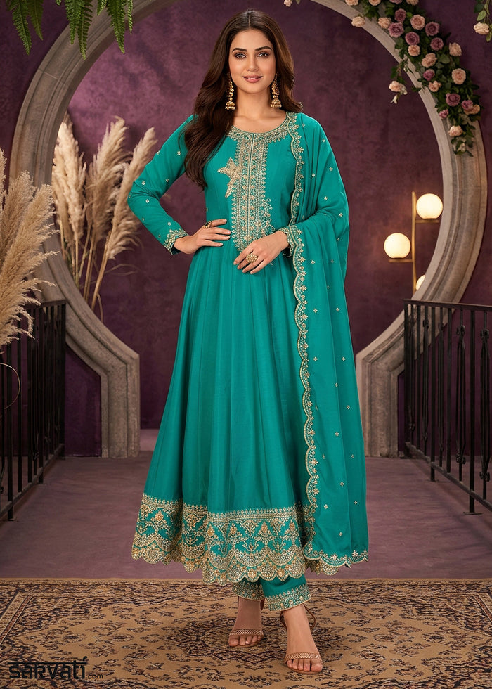 Cerulean Blue Silk Anarkali Suit with Exquisite Embroidery