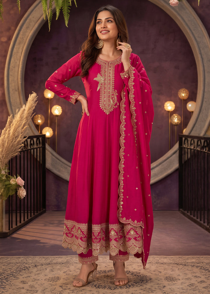 Hot Pink Silk Anarkali Suit with Exquisite Embroidery