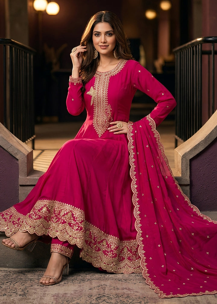 Hot Pink Silk Anarkali Suit with Exquisite Embroidery