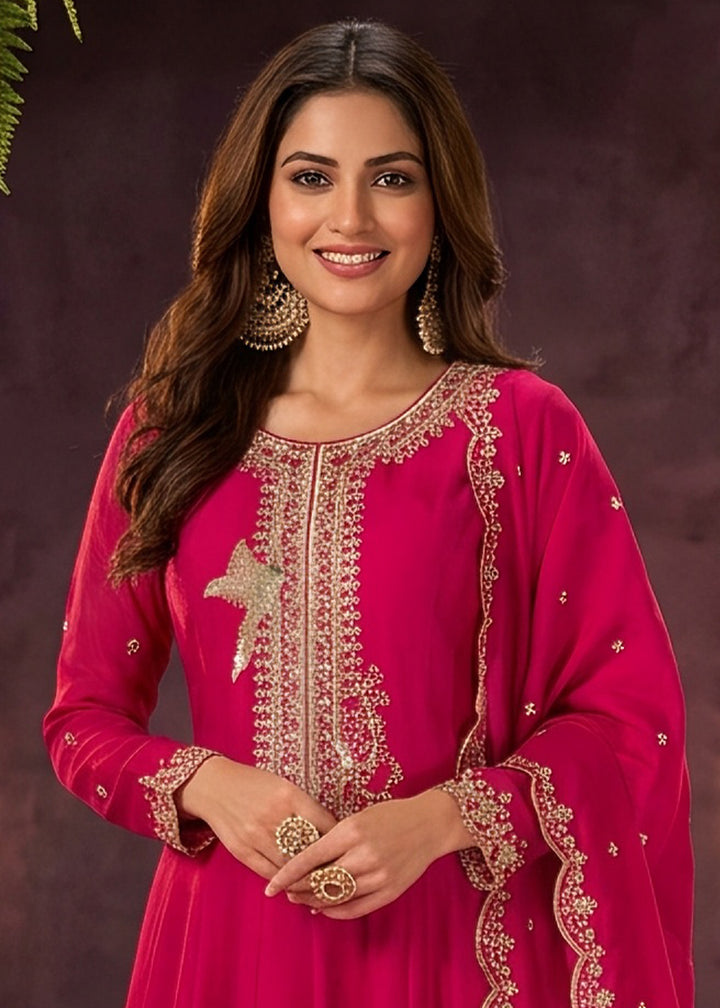 Hot Pink Silk Anarkali Suit with Exquisite Embroidery