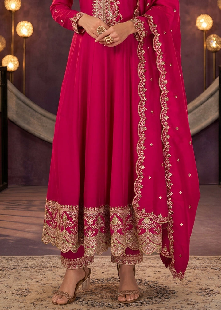 Hot Pink Silk Anarkali Suit with Exquisite Embroidery