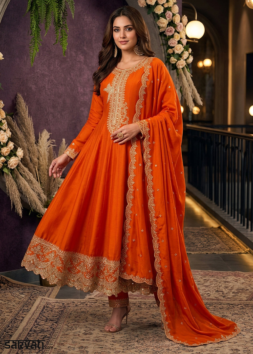 Sherbet Orange Silk Anarkali Suit with Exquisite Embroidery