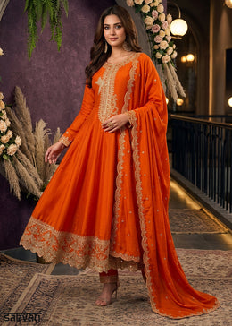 Sherbet Orange Silk Anarkali Suit with Exquisite Embroidery