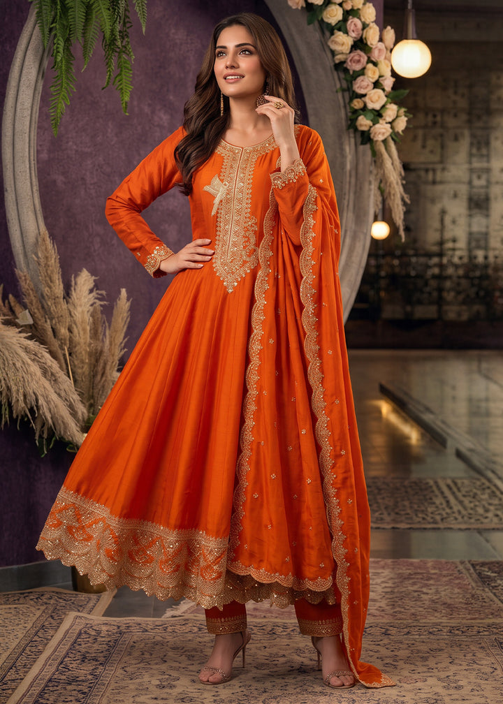 Sherbet Orange Silk Anarkali Suit with Exquisite Embroidery