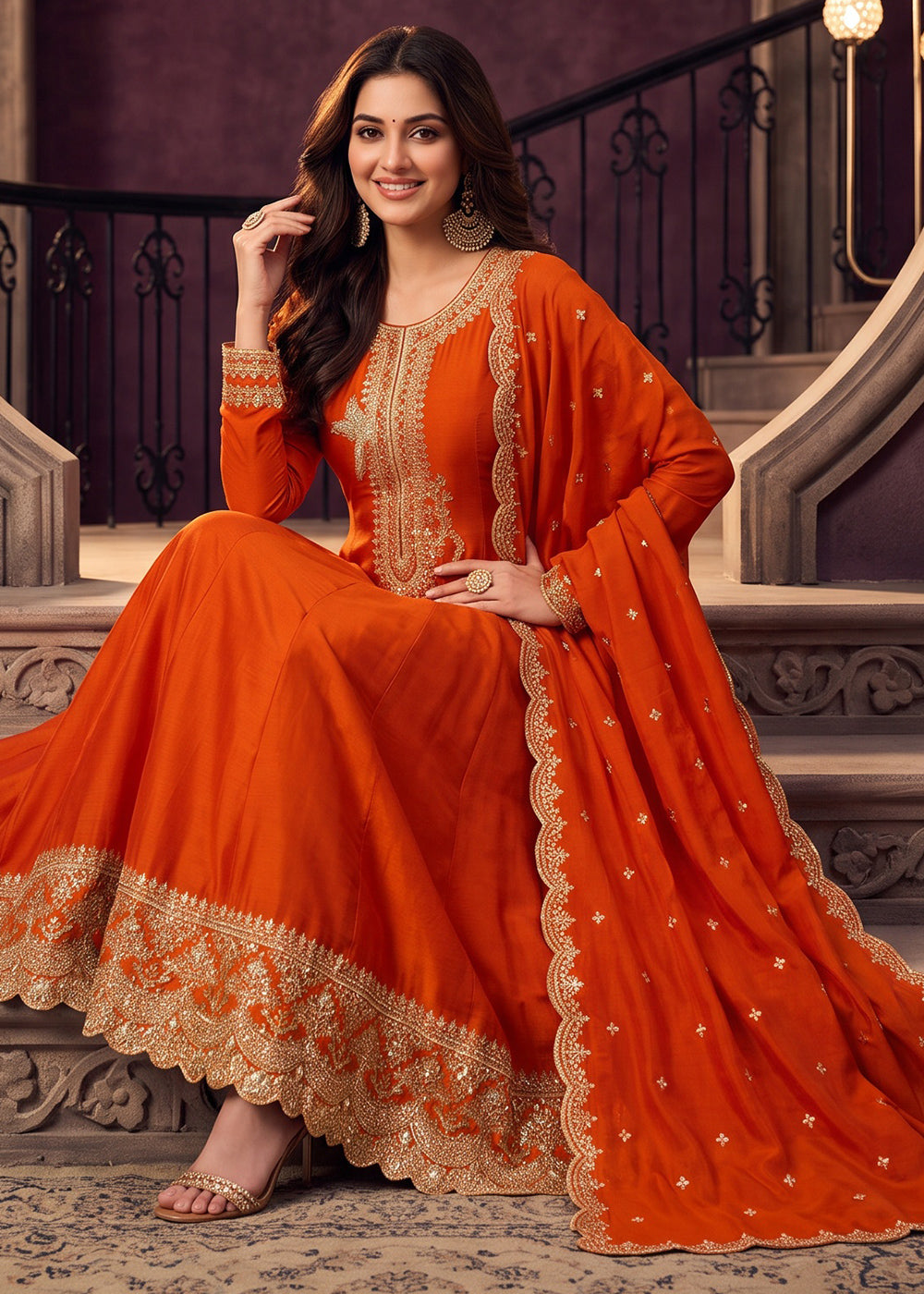 Sherbet Orange Silk Anarkali Suit with Exquisite Embroidery