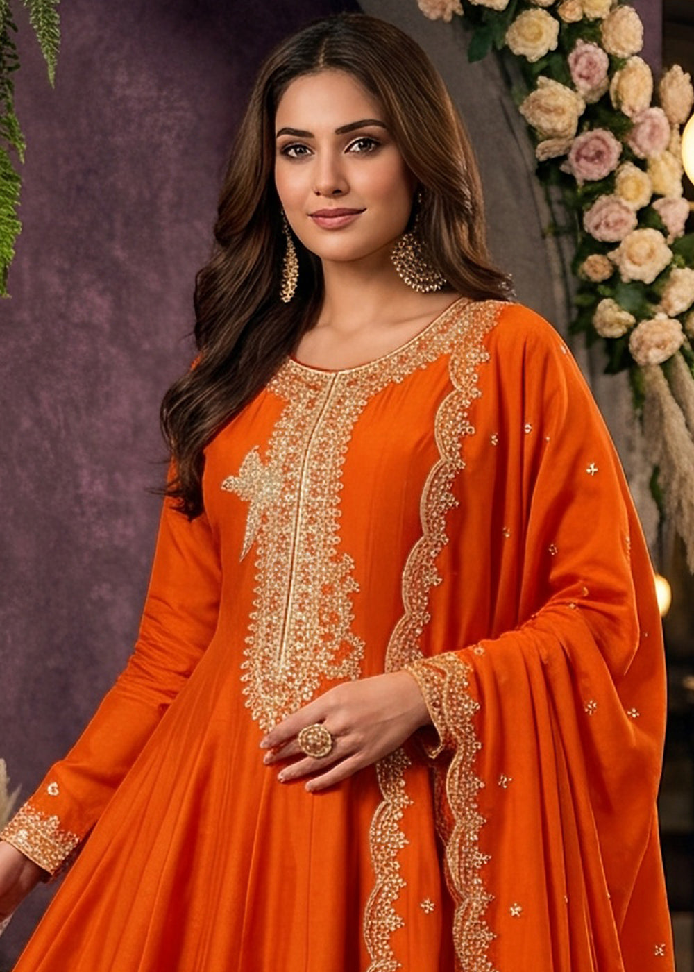 Sherbet Orange Silk Anarkali Suit with Exquisite Embroidery